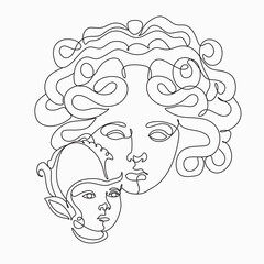 Gorgon medusa with baby linear illustration. Medusa Head Line Art Vector drawing