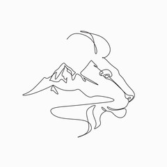 lion and mountains one line logo. minimalist Illustration of lion head in mountains