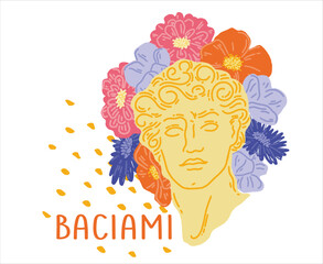 Antique head in flowers with Italian inscription. The head of a Greek sculpture with a bright bouquet of flowers. Italian phrase kiss me. Print for any design. Vector illustration in a flat style.