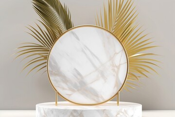 Modern Product Backdrop with Marble Podium and Gold Palm Leaf
