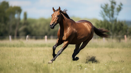 Beautiful bay horse galloping in field (Generative AI)