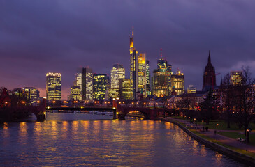 Fototapeta na wymiar Frankfurt am Main, Germany, city skyline during blue hour.