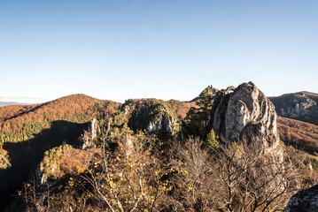 View from Sulovsky hrad castle ruins in Suloveks skaly mountains in Slovakia during autumn