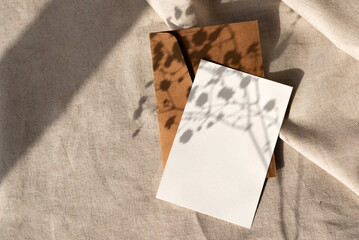 Empty paper card and crafted envelope with elegant subtle floral sunlight shadows on neutral beige...