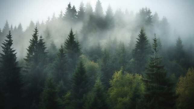 Foggy landscape with spruce forest. Based on Generative AI © Yeti Studio