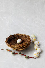 Small Easter eggs and willow on the table near the nest