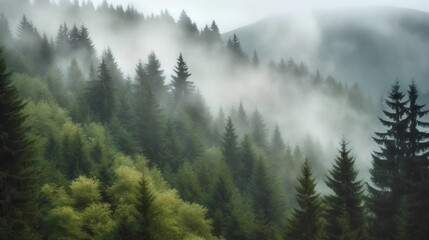Fototapeta premium Foggy landscape with spruce forest. Based on Generative AI