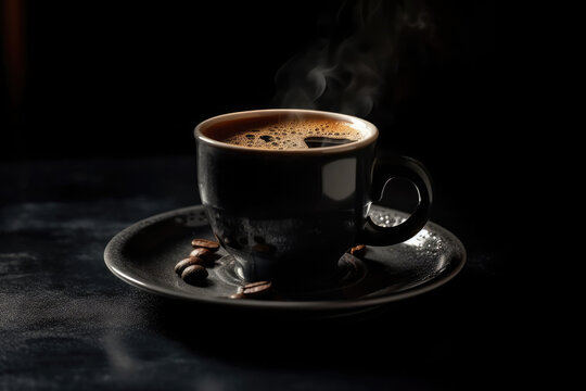 hot coffee in black cup on dark background top view copy space