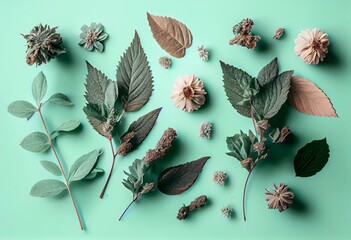 Top view image of mint dry flowers over pastel background .Flat lay. Generative AI