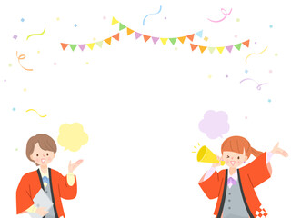 メガホンで呼び込みをする法被姿の女性達