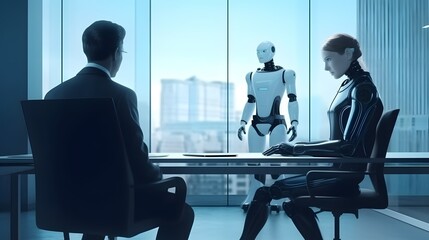 AI robot on a job interview talking with a person, artificial intelligence, technology, high tech future - obrazy, fototapety, plakaty