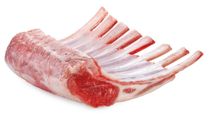Australian lamb rack cutlets on white background or Raw Frenched Rack 8 Ribsisolate on white with clipping path.