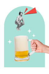 Vertical collage artwork photo party event hand hold glass cup beer diving crazy student guy scream...