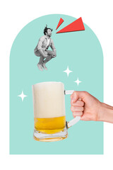 Vertical collage artwork photo party event hand hold glass cup beer diving crazy student guy scream...