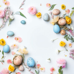 Fototapeta na wymiar Spring Easter composition with eggs and flowers, light pastel colors on white background, with empty, blank space for product or logo, generative AI