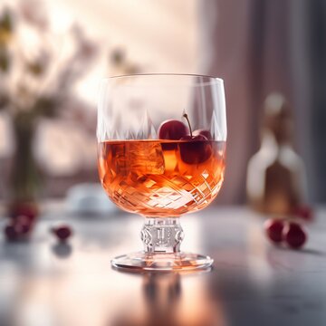 glass of wine with cherry on the table