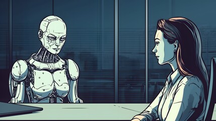 AI robot on a job interview talking with a person, artificial intelligence, technology, high tech future