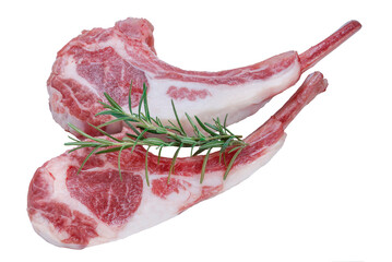 Australian lamb rack cutlets on white background or Raw Frenched Rack 8 Ribsisolate on white PNG...