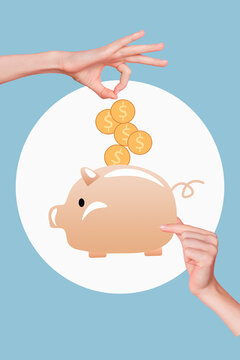 Vertical creative collage 3d photo sketch of arm putting coins in pig money box savings cashback income isolated painting background