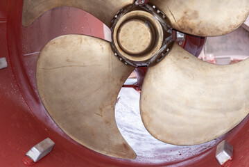 View on the stern thruster propeller of the big container ship. Ship is in the dry dock for...