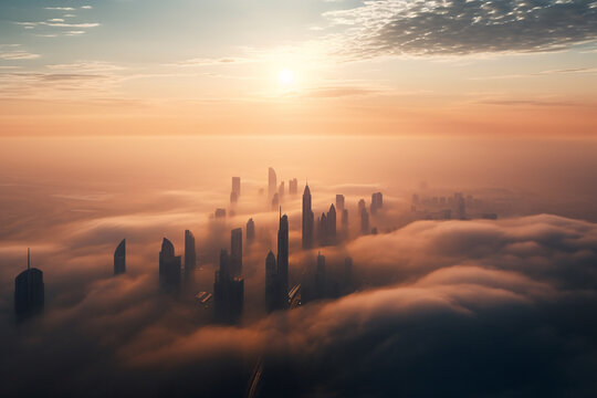 Skyscrapers rising through a cloud cover, Generative AI