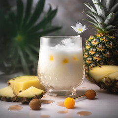 a glass of smoothie juice with pineapple on table