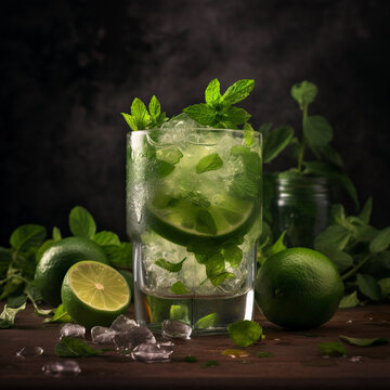 mojito cocktail with mint and lime on table