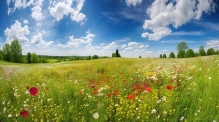 The most beautiful flower meadow in spring. Generative AI
