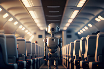 AI generated image of futuristic robot standing in narrow passage between rows of empty seats in modern airplane