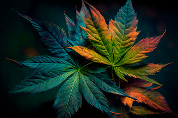 Generative AI illustration of green and orange Japanese autumn maple leaves placed on dark background