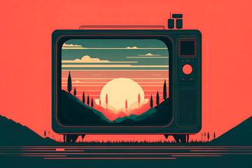 Generative AI illustration of vintage television showing beautiful scenery of sunset in countryside against red background