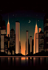 Generative AI illustration of cartoon skyscrapers in downtown at night time reflecting in water under starry sky with half moon