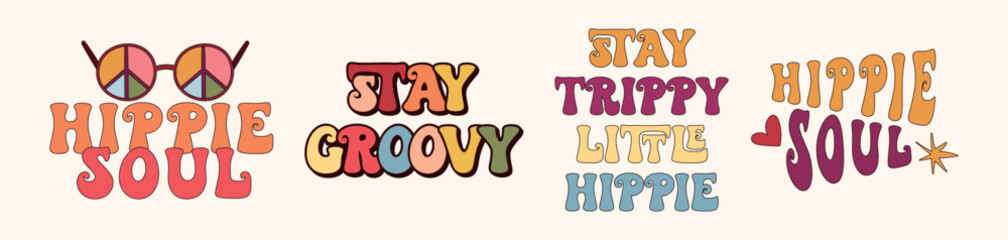Groovy 70s retro lettering compositions kit, flowers, peace symbol and rainbow colored letters, hippie nostalgia positive vibes, optimistic quote for inspiration vector hand drawn art