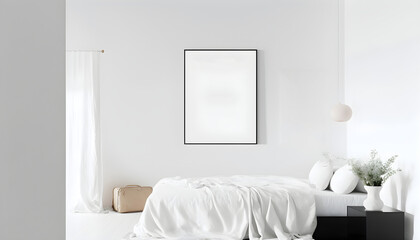 Creative mockup concept. Empty clear wall with photo frame on white wall and bed. bedroom. Mock up frame for display or montage of product or design. copy space, Generative AI