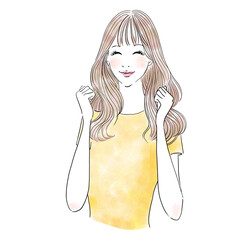 ガッツポーズをするロングヘアの美しい女性