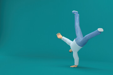 cartoon character wearing jeans and white long shirt. 3d rendering in acting. He is doing exercise.
