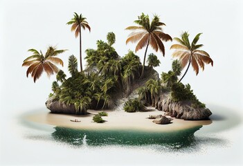 Fototapeta na wymiar Deserted tropical island with palm trees isolated on a white background, generative ai