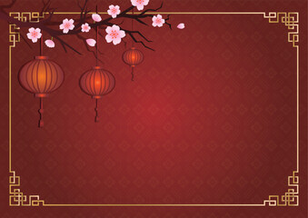 華やかな桜と赤い提灯の中華風フレーム飾り枠セット