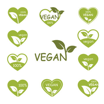 Set Of Green Eco Icons, Heart Shape, 100% Vegan Words, Healthy Life Designs For Logos, Sticker, Menus, Banners Or Posters Prints