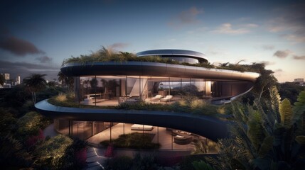 Carbon-Negative Luxury Home: A Green Oasis with Stunning Rooftop Garden, Electric Supercar, and Breathtaking Views of Sky, River, and City, Generative AI