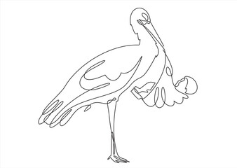 Vector illustration of a stork. A stork holds a baby in a bag. Can be used for postcards.Continuous one line