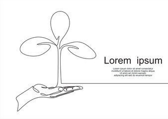 World nature conservation day. Single continuous line of hands holding tree leaf. Plant leaves grow planet Earth seedling eco natural concept design sketch drawing vector illustration art