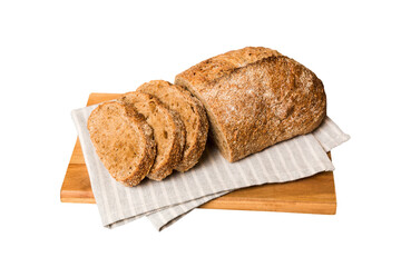 Assortment of freshly sliced baked bread with napkin isolated on white background. Healthy...