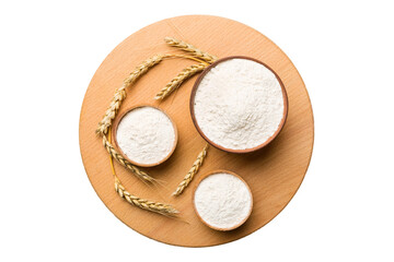 Flat lay of Wheat flour in wooden bowl with wheat spikelets isolated on white background. world wheat crisis