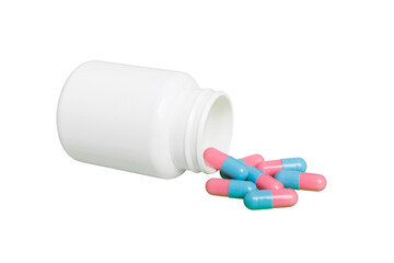 White medicines flow from container. medicine white pill bottle isolated on a white background