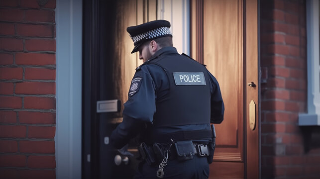 Police knocks on door. Policeman opening door, close-up, Generative AI. 