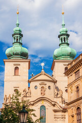 Baroque art and architecture in Prague. 18th century Church of St Havel with onion dome twin bell towers