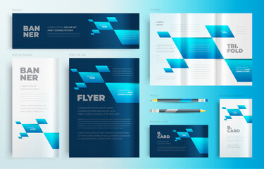 Action rhombus Set flyer cover, tri-fold, banner, roll up banner, business card blue color