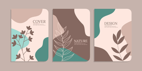 set of notebook cover templates with abstract hand drawn floral decorations. beautiful botanical background. size A4 For notebook, diaries, planner, school, brochure, book, catalog