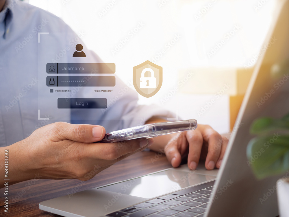 Poster hand-holding smartphone showing padlock icon and login with password. security of personal informati